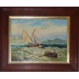 A 20TH CENTURY OIL ON CANVAS, MARINE SCENE Coastal view with figures in a rowing boat, framed. (