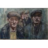 A 20TH CENTURY WATERCOLOUR PORTRAIT Group painting of four workmen wearing caps, signed lower