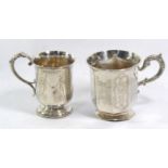 TWO VICTORIAN SILVER CHRISTENING MUGS Of chamfered form with engraved cartouches, inscribed ?Tom