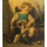 A VICTORIAN OLEOGRAPH PRINT ON CANVAS Seated child with cat, held in a carved gilt frame. (approx