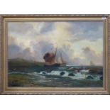 F. F. WELLINGTON, A 19TH CENTURY OIL ON CANVAS Seascape, with sailboats by the coast, framed and