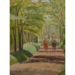 AN EARLY 20TH CENTURY OIL ON CANVAS, LANDSCAPE With horseback figures on a country lane, signed