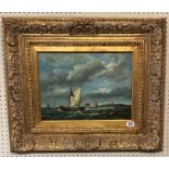 A 20TH CENTURY CONTINENTAL SCHOOL OIL ON PANEL French fishing boats, heavy gilt frame. (68cm x 56cm)