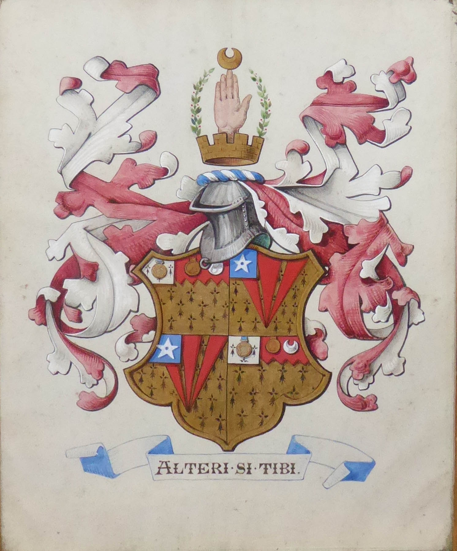 A 19TH CENTURY WATERCOLOUR OF A HERALDIC COAT OF ARMS Bearing the motto ?Alteri Si Tibi?,