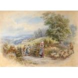 MILES BIRKET FOSTER, 1825 - 1899, WATERCOLOUR Landscape, children with sheep by a gate,