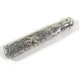 A 19TH CENTURY STERLING SILVER CYLINDRICAL SCENT BOTTLE With raised figural decoration. (approx