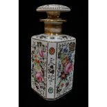 A 19TH CENTURY PARIS PORCELAIN RECTANGULAR SCENT BOTTLE With hand painted floral panels. (approx