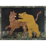 AN ITALIAN MARBLE SPECIMEN PLAQUE Inlaid with a bear attacking a large cat. (28cm x 21m)