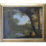 A LATE 18TH/EARLY 19TH CENTURY OIL ON CANVAS Riverside landscape, with two figures wearing Tudor