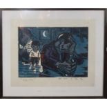 CHO BEOM JIN, A 20TH CENTURY KOREAN WOODBLOCK PRINT, ?CHILDHOOD? With a young boy flanked by