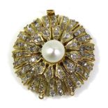 AN 18CT GOLD, DIAMOND AND PEARL NECKLACE CLASP The single pearl edged with five rows of round cut