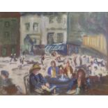 DONALD MCKINTYRE, 1923 - 2009, A 20TH CENTURY OIL ON BOARD, 'STREET CAFE' With figures sat around