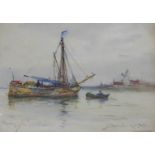 A LATE 19TH/EARLY 20TH CENTURY WATERCOLOUR, RIVERSCAPE With boats and a windmill, titled lower