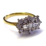 AN 18CT GOLD AND DIAMOND CLUSTER RING The arrangement of baguette cut and round cut diamonds (size