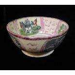 AN EARLY 19TH CENTURY SUNDERLAND LUSTRE POTTERY BOWL Black transfer decoration of a view of the Iron