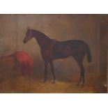 A 19TH CENTURY OIL ON CANVAS, EQUESTRIAN STUDY Chestnut horse with red blanket, unsigned and gilt