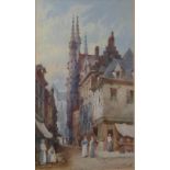 CHARLES ROUSSE, ACTIVE 1871 - 1892, WATERCOLOUR Street scene, figures and shops beside a Gothic