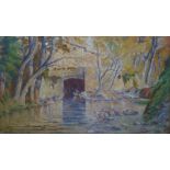 A LATE 19TH/EARLY 20TH CENTURY PASTEL Landscape, figures on a riverbank, framed and glazed. (60cm