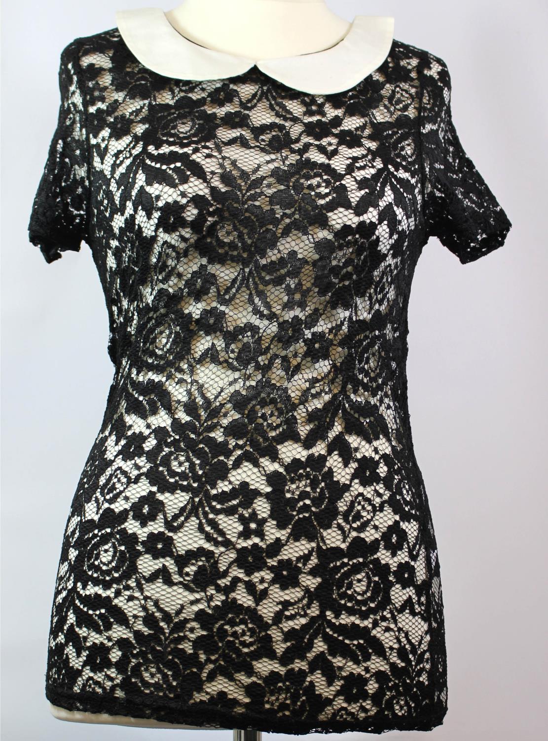 NEW LOOK, BLACK LACE BLOUSE With white Peter Pan collar, cap sleeves (size 10). B