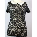 NEW LOOK, BLACK LACE BLOUSE With white Peter Pan collar, cap sleeves (size 10). B