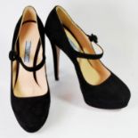 PRADA, BLACK SUEDE HEELS With rounded toe, foot strap with circle buckle, 14cm heel (size 39). (heel