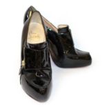 CHRISTIAN LOUBOUTIN, BLACK PATENT LEATHER With double tongue and gilt metal zip to side (size