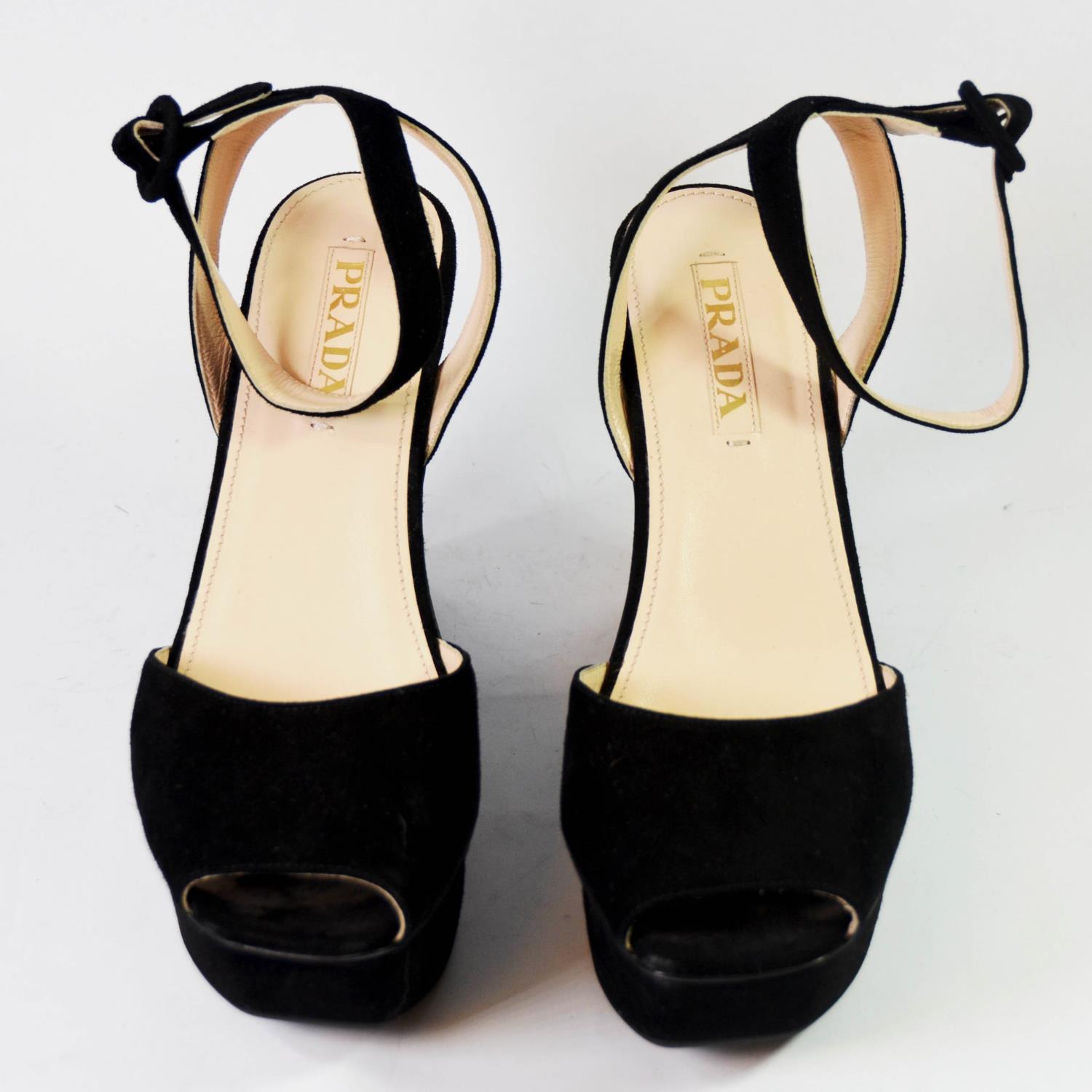 PRADA, BLACK SUEDE WEDGE HEELS With ankle strap with circle buckle, open toe (size 39). (heel 11. - Image 2 of 5