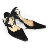 MANOLO BLAHNIK, BLACK SUEDE HEELS With a leather strap and suede ankle support (size 39½). (square