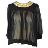 BARBARA BUI, BLACK SILK SHIRT With gold beaded and sequin collar, U neckline and black buttons along