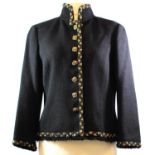 CHANEL, BLACK TWEED TAILORED JACKET With fringed ends, gold and white embroidered detail and