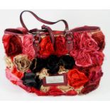 VALENTINO, RED CLOTH HANDBAG With ruffled red, pink and black cloth rose design, thin red leather