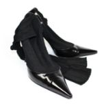 BRUNO FRISONI, BLACK LEATHER HEELS With attached cotton thigh high socks and pointed toe (size