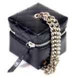 PINKO, BLACK LEATHER CUBE BAG With silver chain handle, quilted embroidered design along top. A