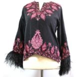 NO LABEL, BLACK SILK SHIRT With pink embroidered and black bead design along hem, collar and cuffs