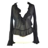 DOLCE & GABBANA, BLACK SILK SHIRT With ruffled deep v neckline, ruffled hemline, ruffled trumpet