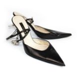 CESARE PACIOTTI, BLACK LEATHER SANDALS With a pointed toe, leather ankle strap with a metal dagger