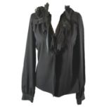 ALICE RITTER, BLACK COTTON SHIRT With ruffled lace front, black buttons along front, long sleeves (