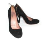 ALAÏA, BLACK SUEDE HEELS With slight platform, forward arched heel and brown stitched back (size