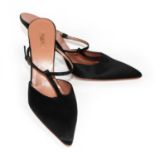 ALAÏA, BLACK SATIN HEELS With pointed toe and ankle strap (size 38.5). (heel 11cm) B