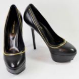 SERGIO ROSSI, BLACK LEATHER HEELS With half a gold zip along edge, rounded slight platform toe, (