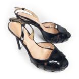 BRUNO FRISONI, BLACK PATENT LEATHER PEEP TOE HEELS With open sides (size 39). (heel 11.5cm) B