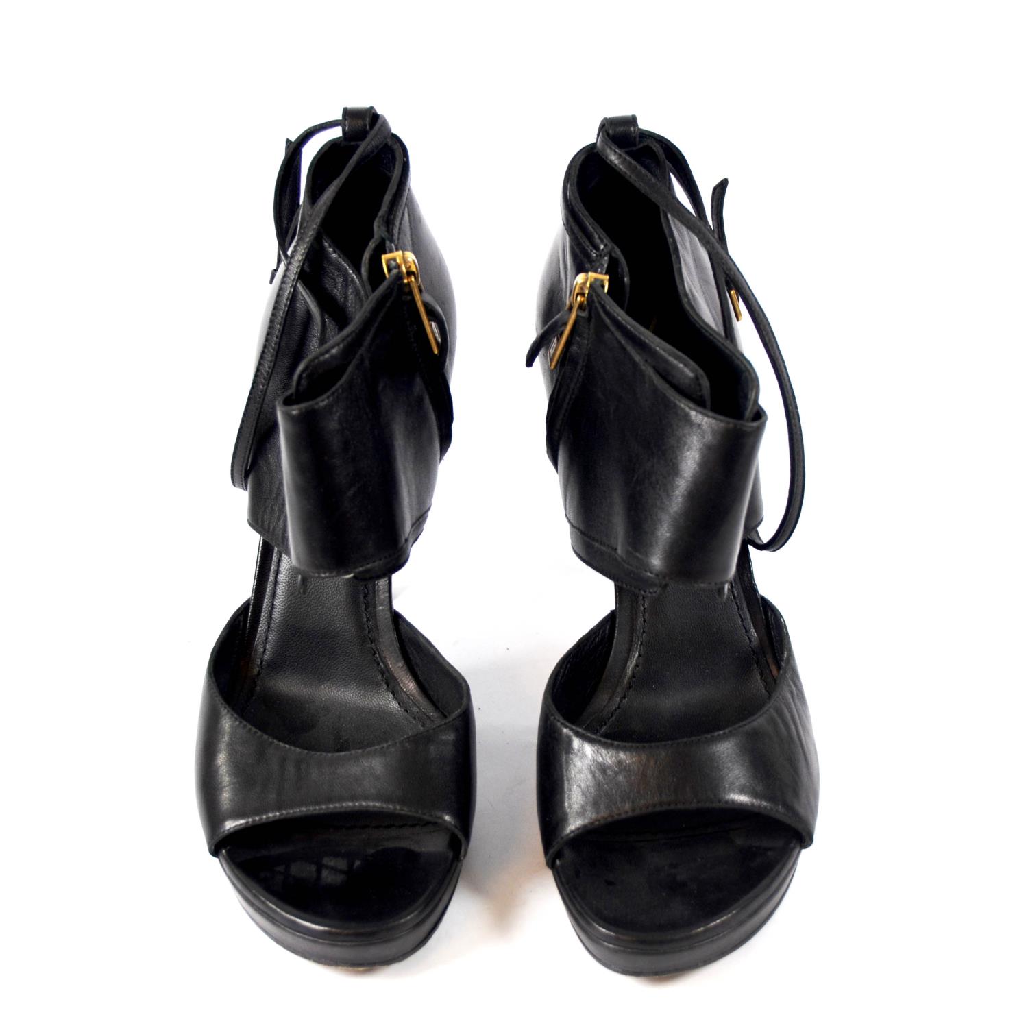 YVES SAINT LAURENT, BLACK LEATHER HEELS With thick ankle support, ankle strap, open toe, side zip ( - Image 2 of 5