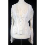 NO LABEL, WHITE SILK SHIRT With mother of pearl buttons along front, lace textured sleeves, deep V