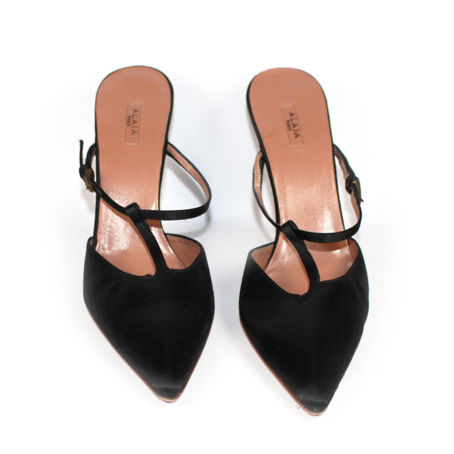 ALAÏA, BLACK SATIN HEELS With pointed toe and ankle strap (size 38.5). (heel 11cm) B - Image 2 of 5