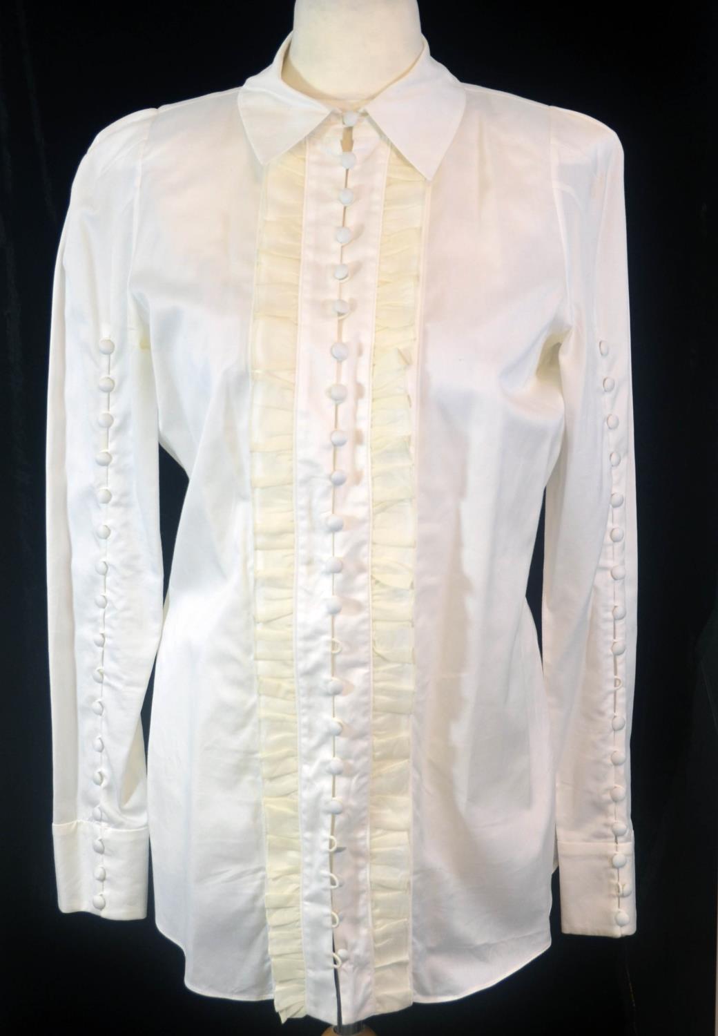 CHLOÉ, WHITE COTTON SHIRT With white buttons along sleeves and front and ruffled cream design