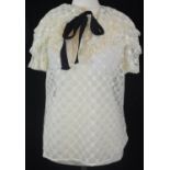 LORENZO SERAFINI, PHILOSOPHY, WHITE LACE SHIRT With black ribbon tie around neck, double layered