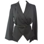 KENZO, BLACK WOOL BLAZER With notch lapel collar, long sleeves, acetate belt with buckle along