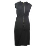 RICK OWENS, BLACK VISCOSE/WOOL DRESS With large silver zip along front, pleated front, no sleeves