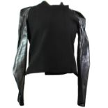 MAJE, BLACK WOOL JACKET With nylon leather style long sleeves, faux pockets, high neck, hidden