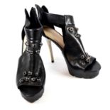 JEAN-MICHEL CAZABAT, BLACK LEATHER HEELS With open toe, leather panel decorated with silver round